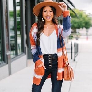 "The Mint Julep" Boutique Striped Long knit Sweater Cardigan Purple Blue Large